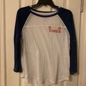 3:4 sleeved T-shirt. Blue, red, & white.